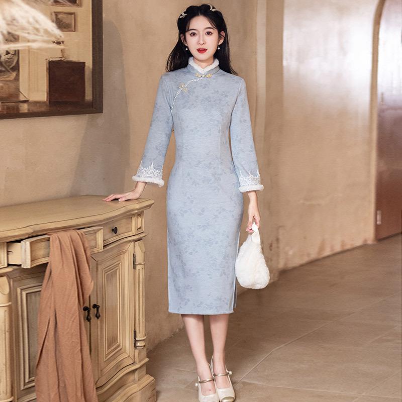 Blue velvet winter clothing national style new Chinese long-sleeved cheongsam winter thick style improved young women s high-end sense retro S