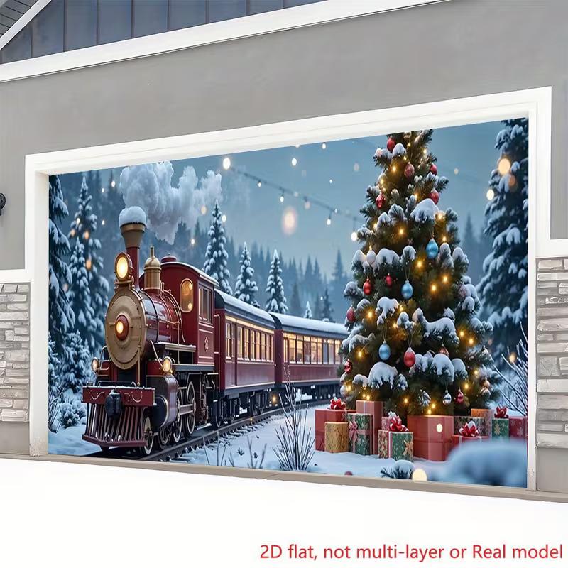 2D Christmas Train Winter Photo Backdrop Garage Xmas Decor Cloth