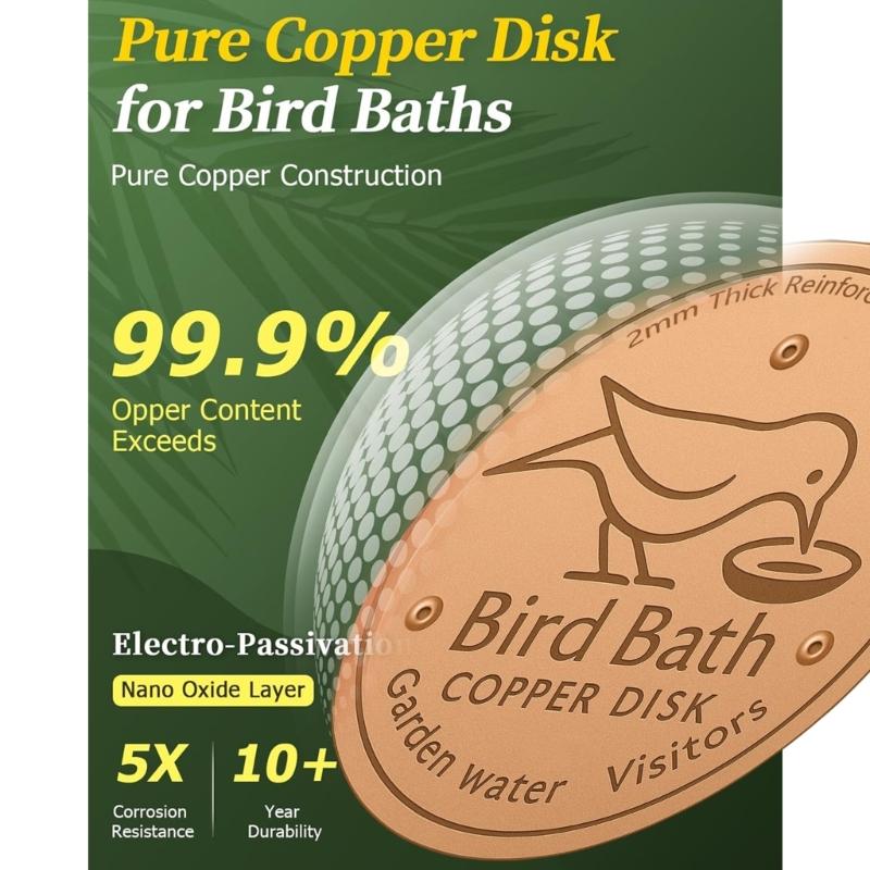 Passivated Copper Birdbath Purifier Disc 3 Leg Design Maximizes Water Contact Prevents Green Build Up Efficiently