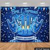 2D vlak 11e verjaardagsfeest achtergronddoek, glinsterende blauwe taart, rock thema