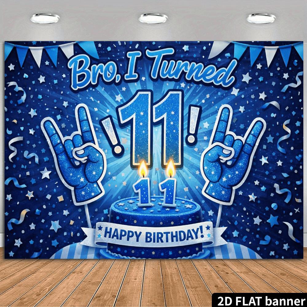 2D vlak 11e verjaardagsfeest achtergronddoek, glinsterende blauwe taart, rock thema