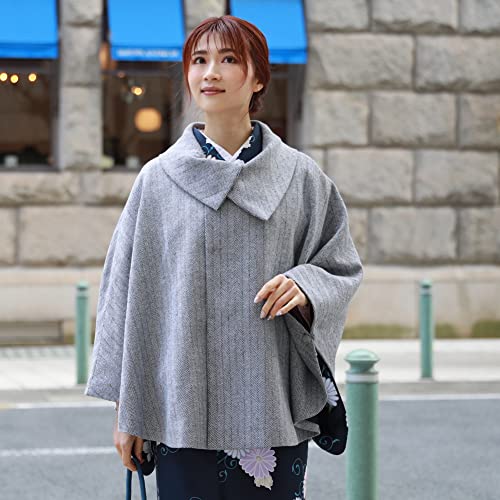 Brilliant Piece Kimono Coat, Shawl Collar Poncho Cape, Winter Herringbone Kimono Coat, Cold Weather Haori, Gray