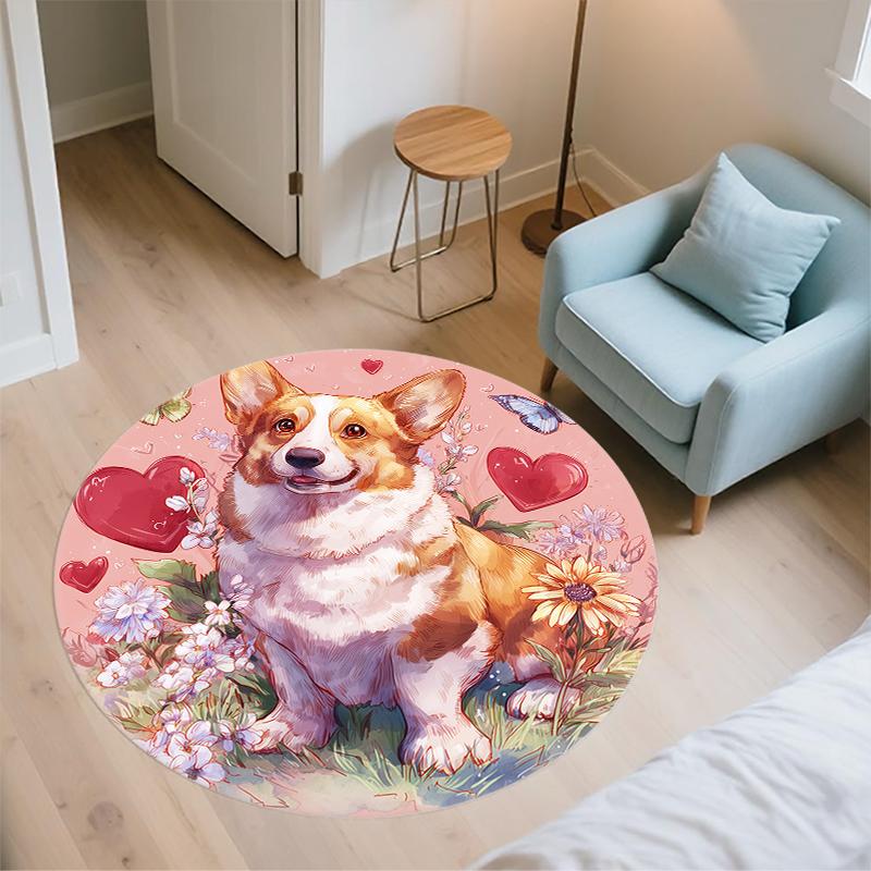 Pink Corgi pattern round rug,Carpet Rug for Living Room Bedroom  Playroom ,Non-slip Floor Mat,Holiday Gifts and Birthday Gifts.