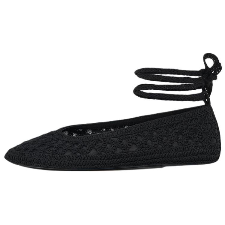 Zara Crochet Lace Ankle Tie Pointed Toe Flats Black Women 13553510800 39