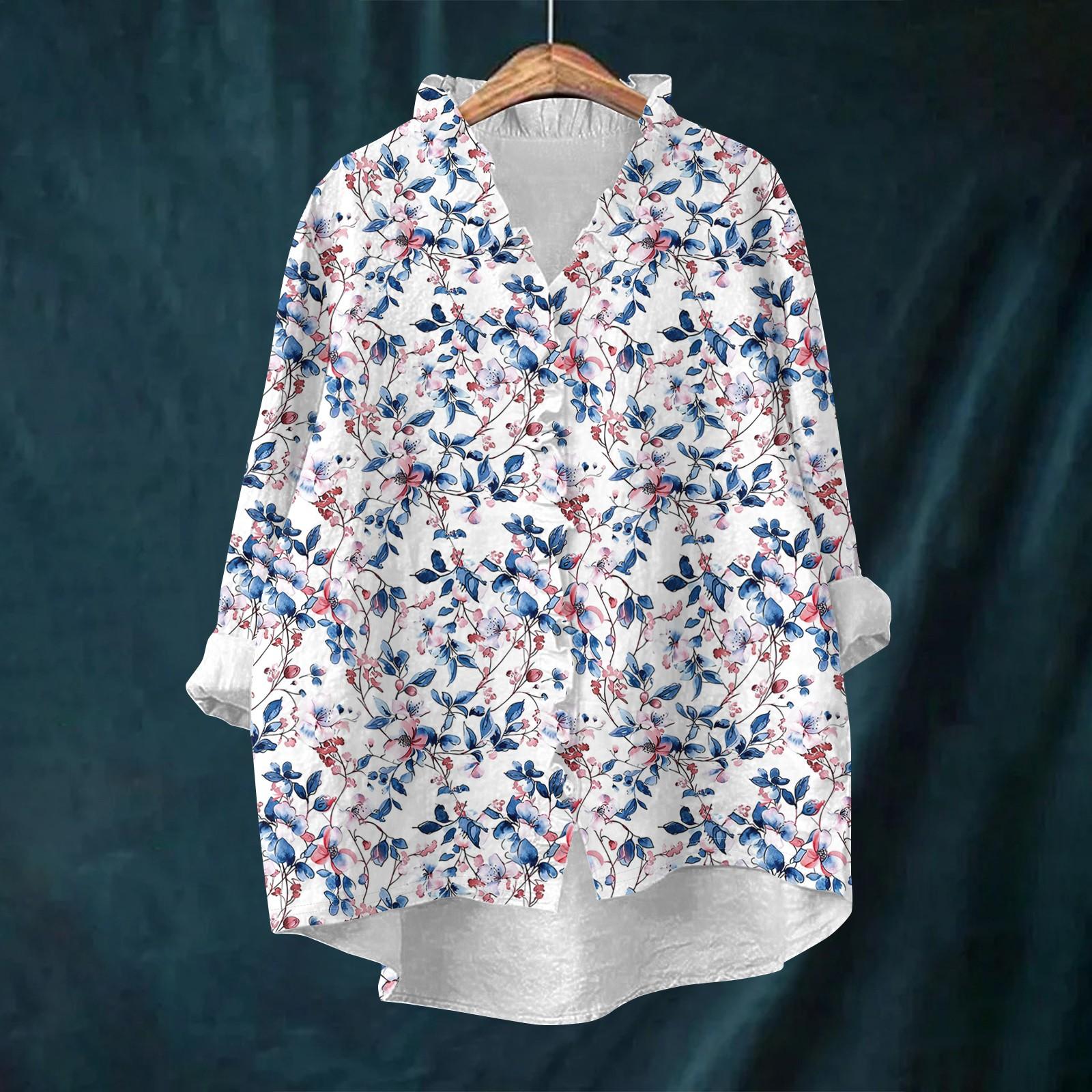 

Women s Loose Ruffled Retro Floral Print Stand Collar Long Sleeve Cotton And Linen Top S фіолетовий