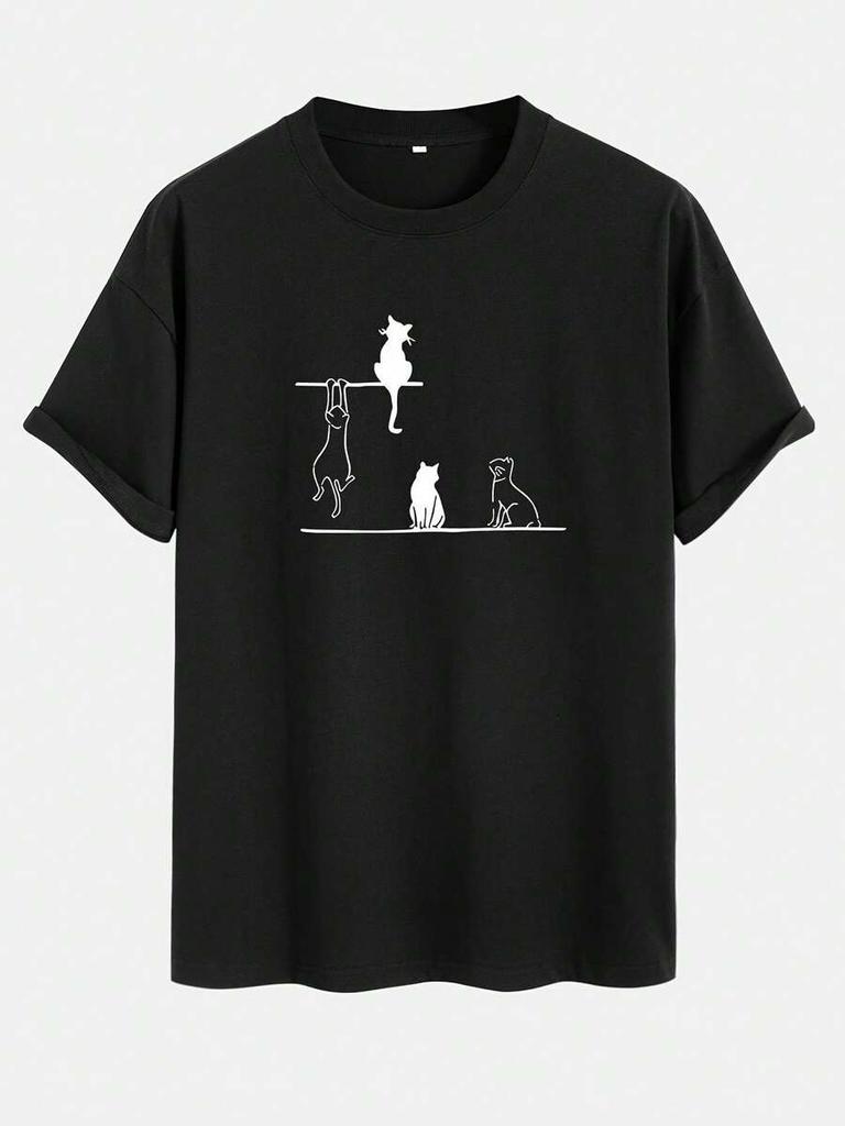 T-shirt Unisexe à Imprimé Graphique de Chats, T-shirt Décontracté à Manches Courtes et Col Rond