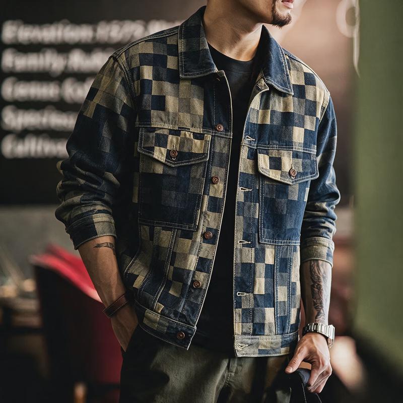 GUANGAN AEPE Men's American Retro Plaid Denim Jacket