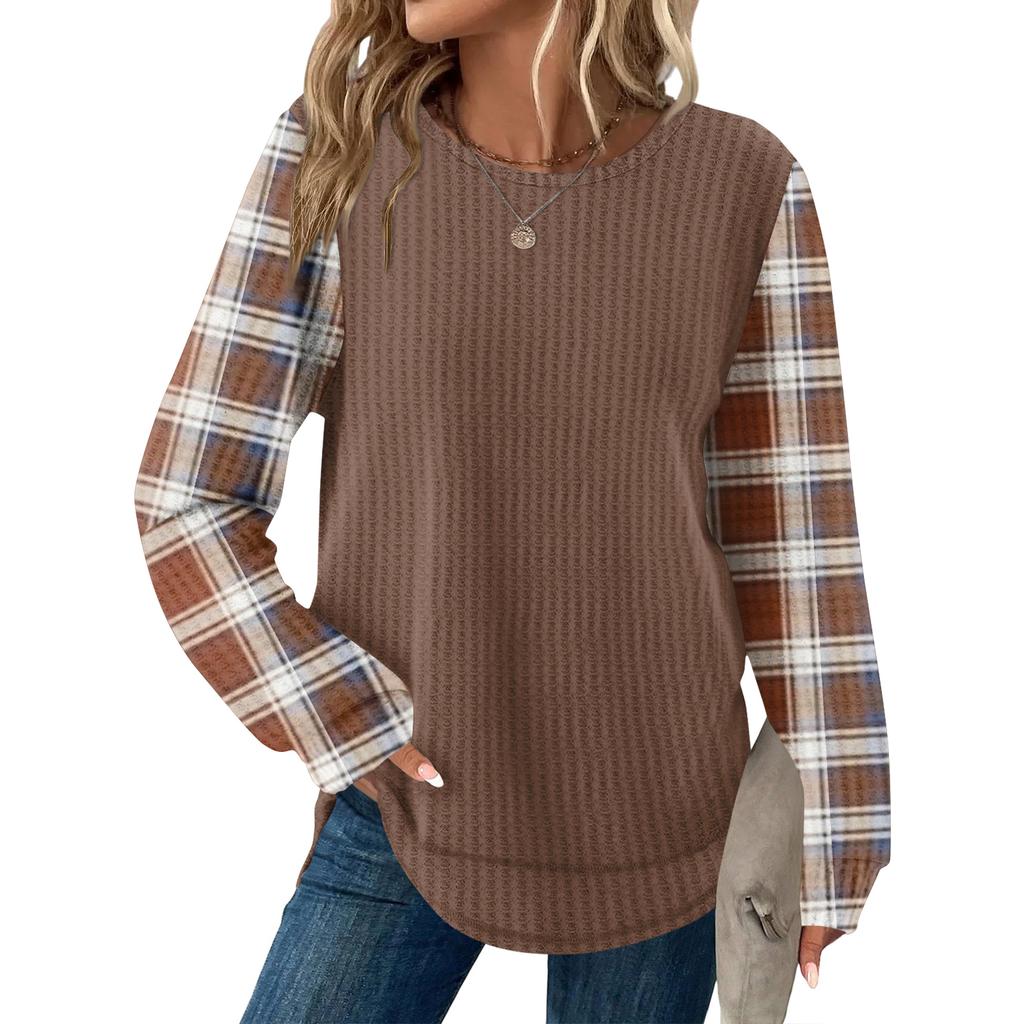 Women's Plaid Print Round Neck Long Sleeve Casual Loose Top