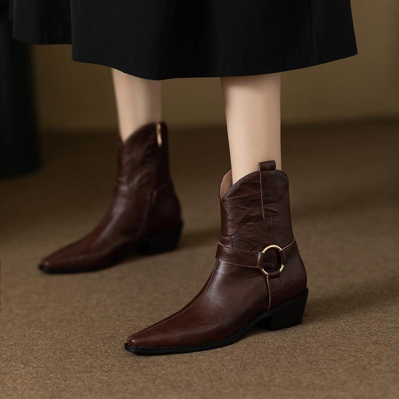 2024 New Autumn Women Boots Pointed Toe Women Shoes Chunky Heel Ankle Boots Winter Western Boots Cowboy Boots Genuine Leather