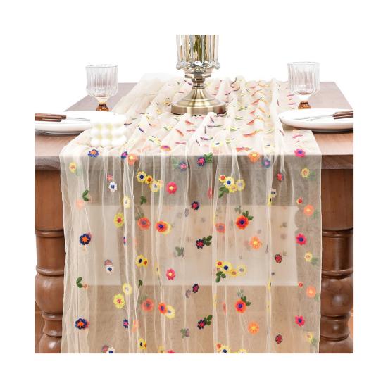 Embroidered Flower Table Runner Sheer Mesh Gauze Tablecloth for Spring Summer Delicate Floral Lace Table Decor for Wedding Party Dining Table