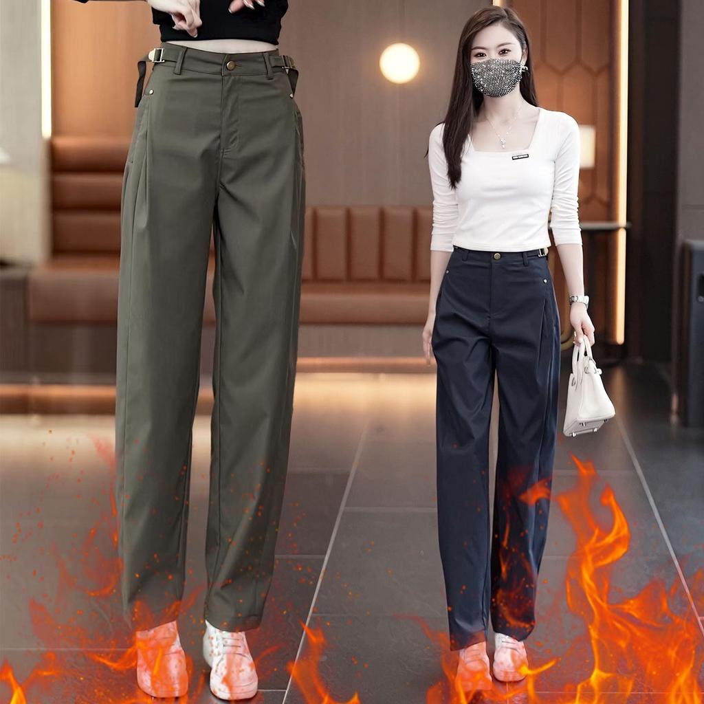 Chic Olive Green High-Waisted Women's Cargo Pants, Autumn/Winter 2025, Slim Fit with Loose Drape, Versatile Straight Leg Style.