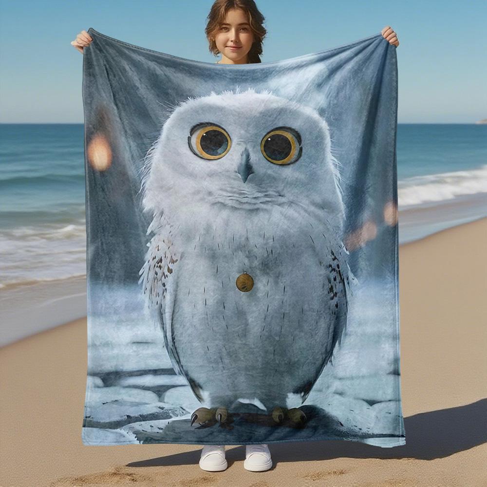 1pc Snowy Owl,winter Forest,large Eyes Outdoor Flannel Throw Blanket All Season Soft Warmth,Home Decor 1031106