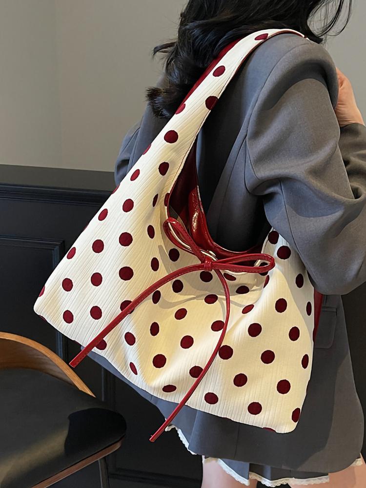 Women's Polka Dot Tote Bag Fashion Casual Large Capacity Shoulder Bags 2025 New Patchwork Underarm Pock Bow Commuter Handbags