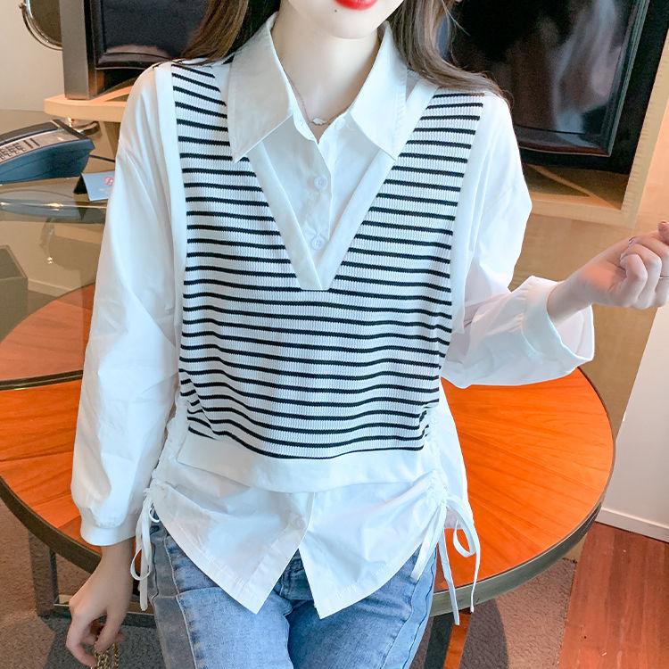 

Поддельная двухполосная рубашка женская осенняя рубашка поло с воротником на шнурке с длинным рукавом шифоновый топ красивая блузка 2XL белый