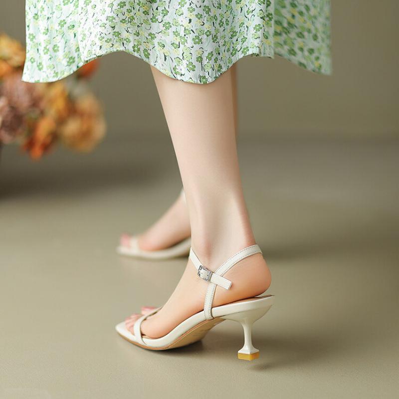 Summer fashion leather high-heeled sandals women's head non-slip new one-word sandals beef tendon sole large size medium heel comfortable