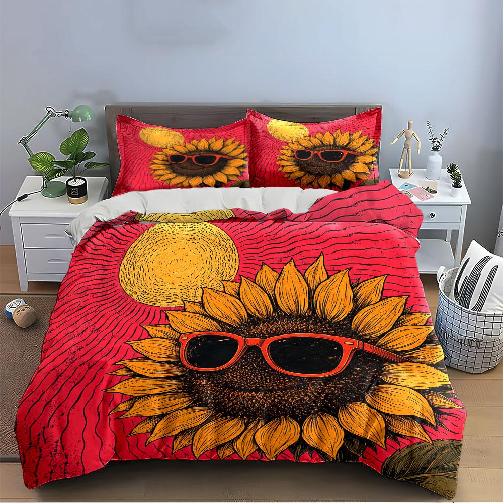 Sunflower with Sunglasses Design Bedding Duvet Cover Set Duvet Cover Pillowcases (1*Duvet Cover 2*Pillowcases, Without Duvet Insert)