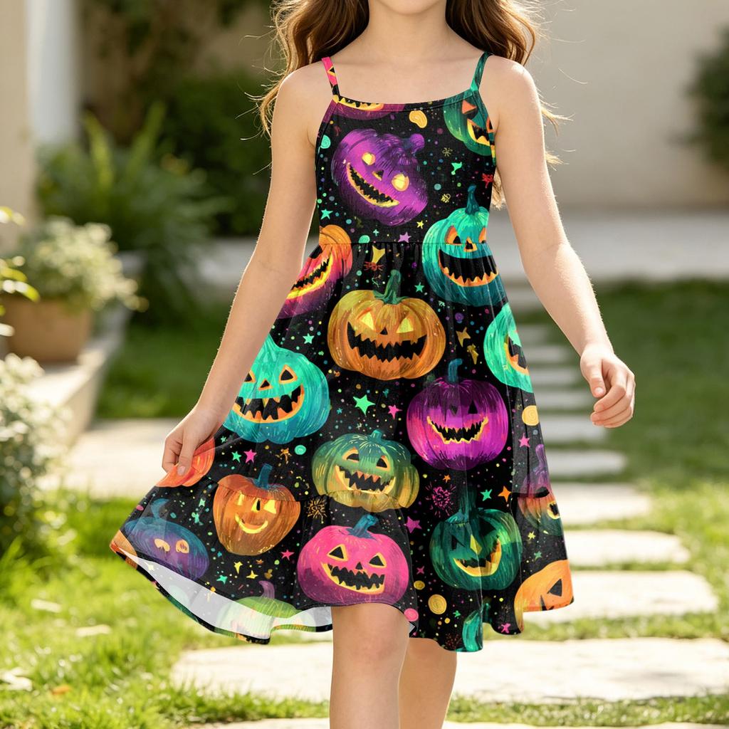Girls Casual Sleeveless Print Dress with Halloween Pattern Princess for Party
