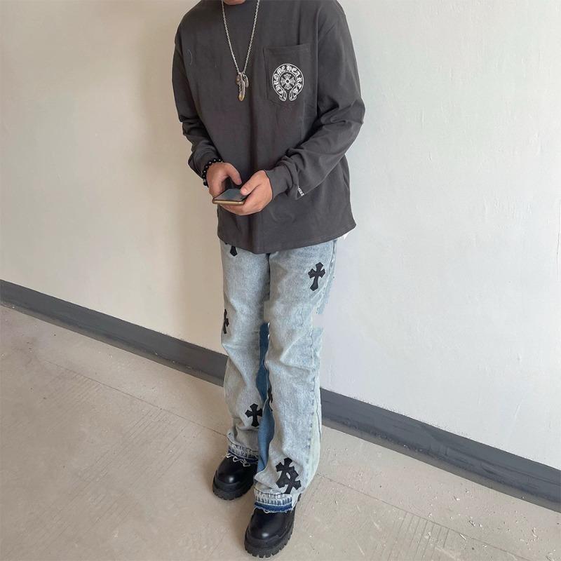 EastRogue Crossed-pants with Cowboy Flared Legs, Washed and Distressed Denim Jeans with Patchwork Design.