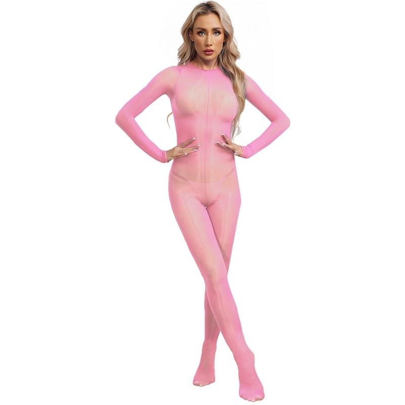 Womens Glossy Unitard See-through Stretchy Bodystocking Long Sleeve Bodysuit Valentines Day Nightwear