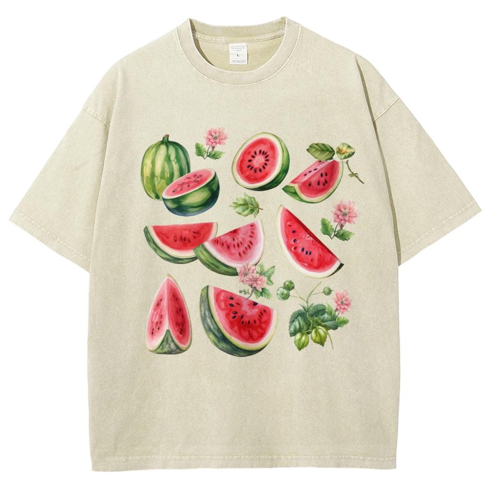 Cartoon Watermelon Fruit Print Women's T-Shirt Loose Fashion Wash Short Sleeve Summer Casual Top Tee