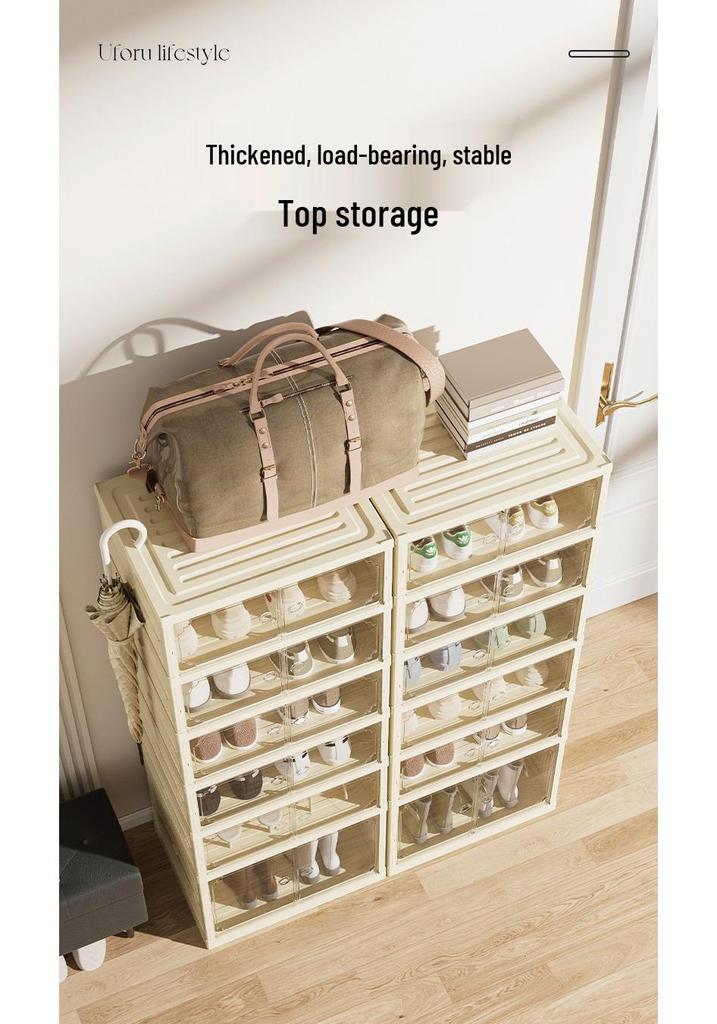 Foldable No-Assembly Shoe Cabinet: Magnetic, Transparent, Dustproof, Large Capacity, Thickened Design for Home Use.