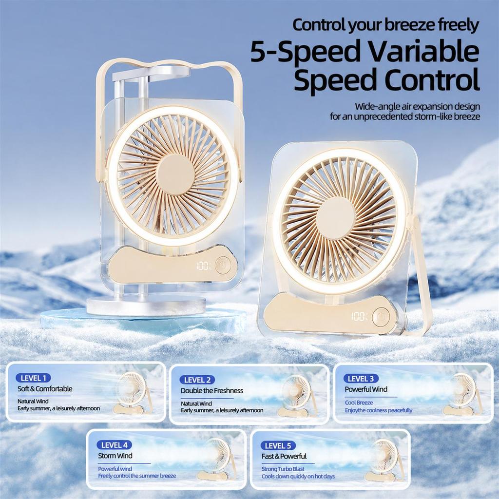 F10 Silent Mini Fan: 5-in-1 Mini Desktop Fan Portable Silent Fan 5-Speed Settings Rechargeable Air Circulator—Ideal for Kitchens Bedrooms Office
