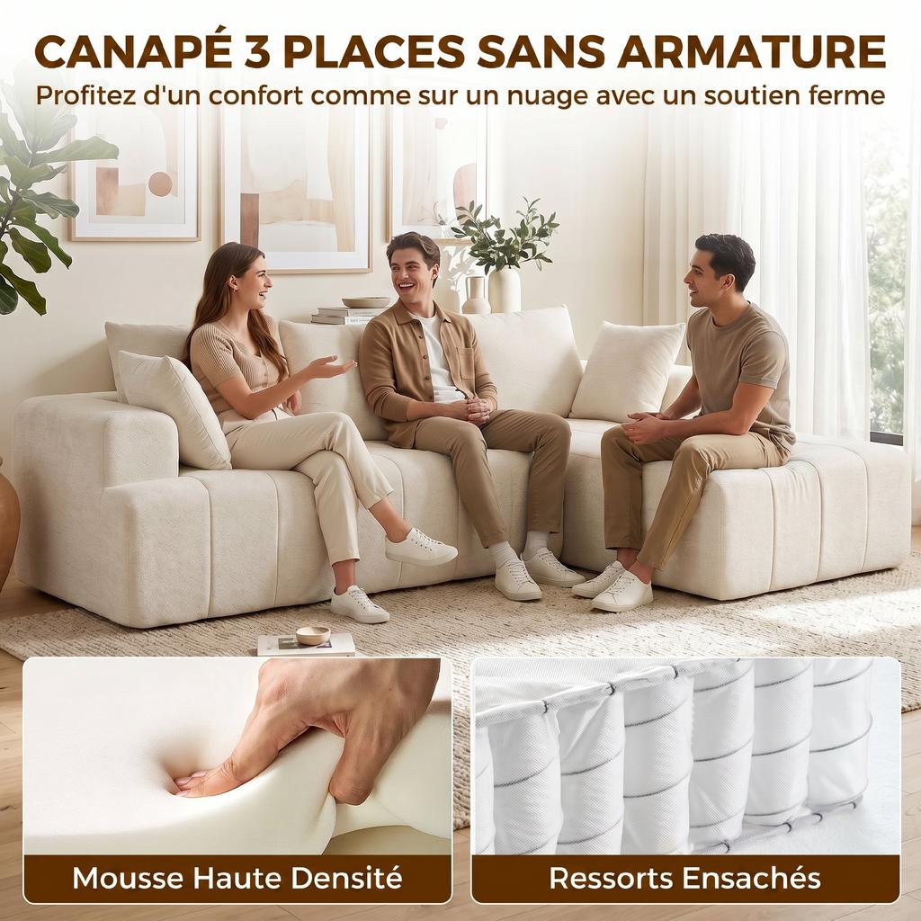 Corner Sofa, 256 cm, Chaise Longue, 3-Seater Sofa Bed, Chenille L-Shaped, Wide Seat, Beige