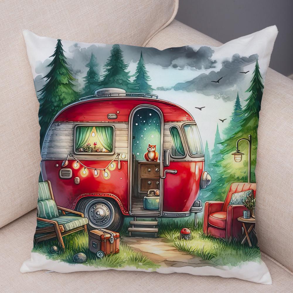 Happy Campers Pillow Case Double Print Decor Cartoon House Travel Car Cushion Cover for Sofa Home Soft Plush Pillowcase