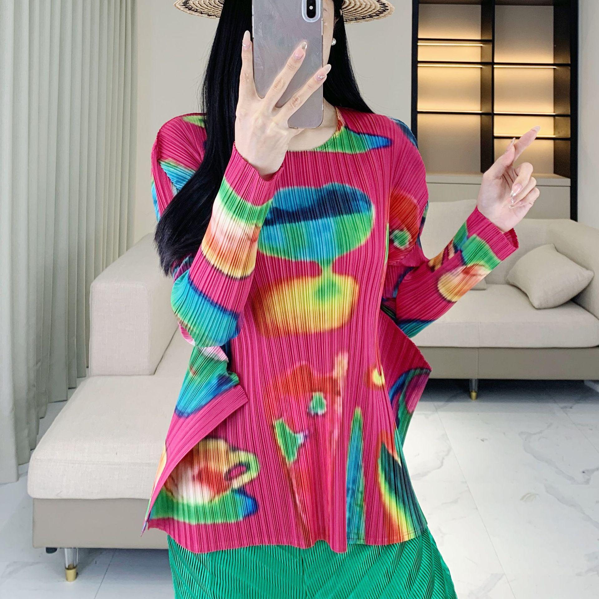 

Miyake Pleats Casual Print Irregular Hem Long Sleeve Top for Women One Size [90-150 jin]