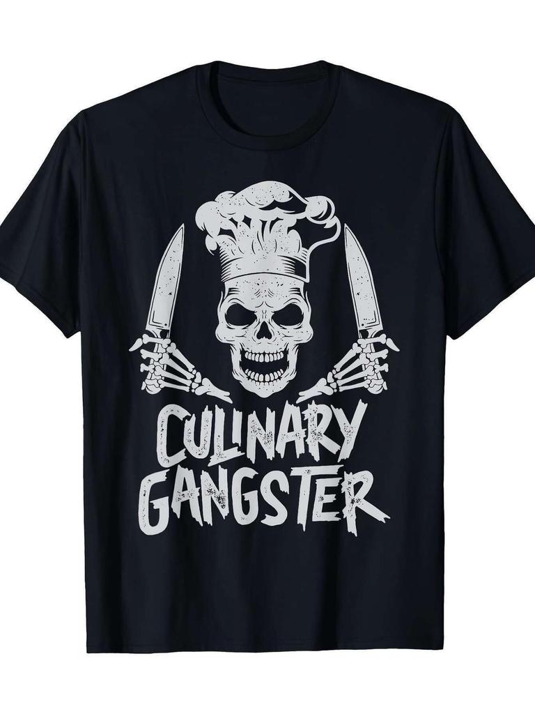 Culinary Gangster Chef Skull And Knife Graphic T Shirt Soft Cooking Apparel with Knife Detail, Casual Culinary Tee for Chefs, Sizes S 3XL (Black) for