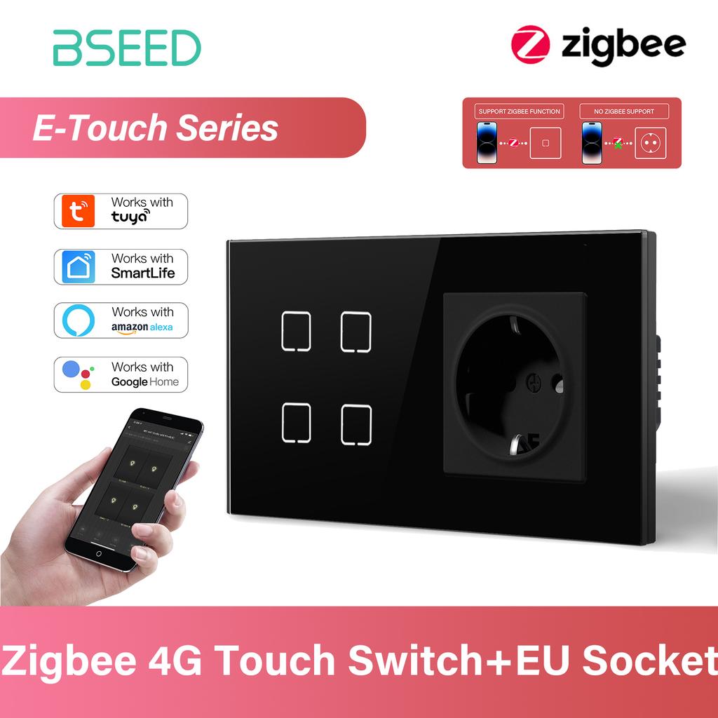 BSEED 1/2/3/4-fach Zigbee Touch-Schalter Glas mit EU-Steckdosen Intelligenter Wandlichtschalter Touchscreen Hintergrundbeleuchtung E-Serie