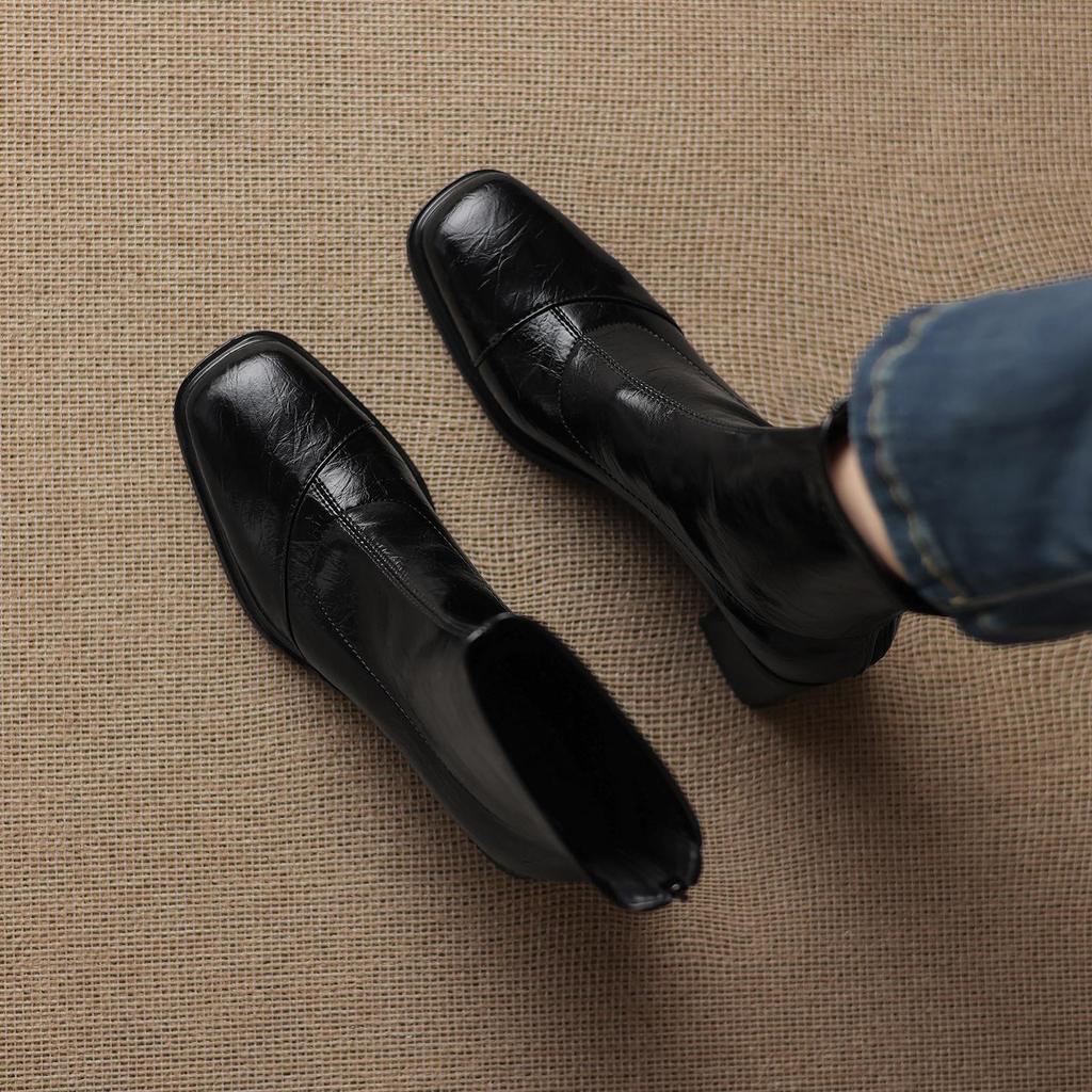 Krazing Pot Microfiber Square Toe Med Heels Elastic Boots Size 43 Slip On Women  Basic Design Ankle Boots