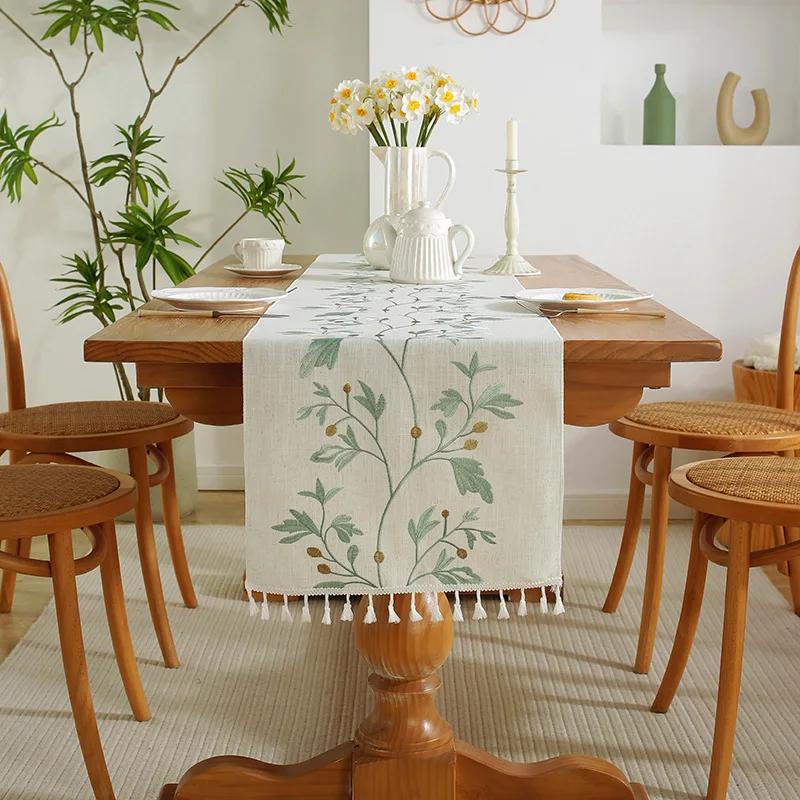 Boho Table Runner Rustic Farmhouse Embroidered Table Cover Tassels for Dresser Coffee Table Home Dining Holiday Party Decoration