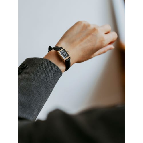 Demi-Luxe BEAMS Square Embossed Leather Watch II for Women, Black X Gold, One Size