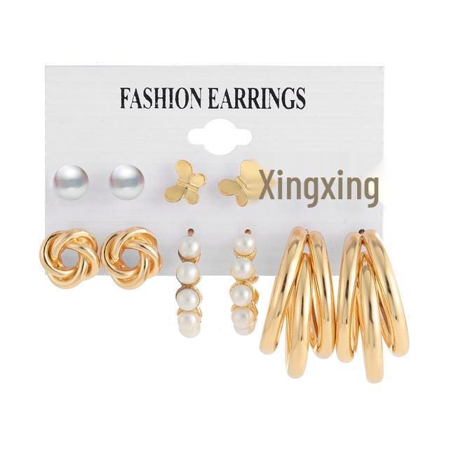 Gold-Pearl Punk Hoop Earrings Set for Women