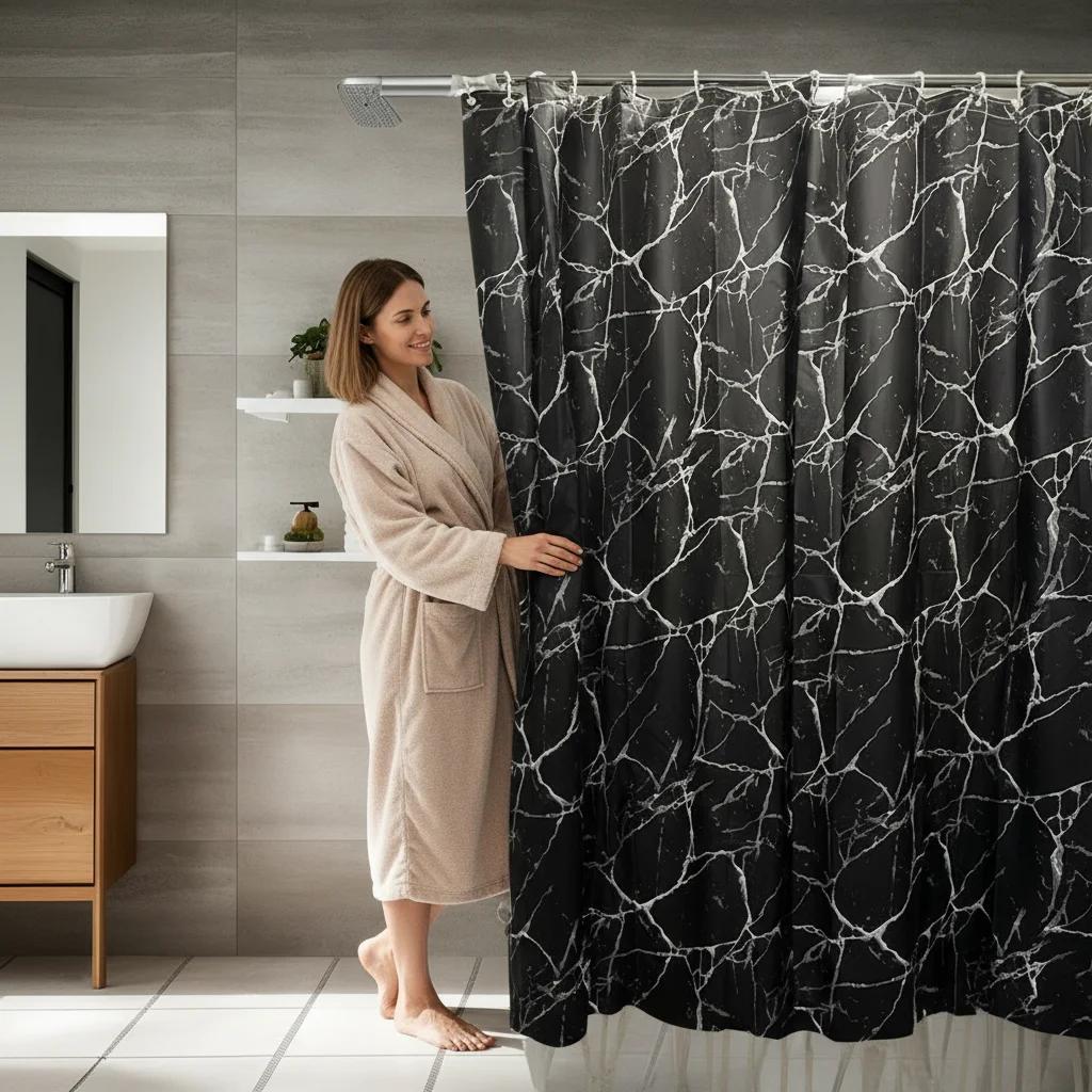 Stylish Black Marble PEVA Shower Curtain Waterproof Anti Mold Bath Liner for Tub RV Bathroom Partition