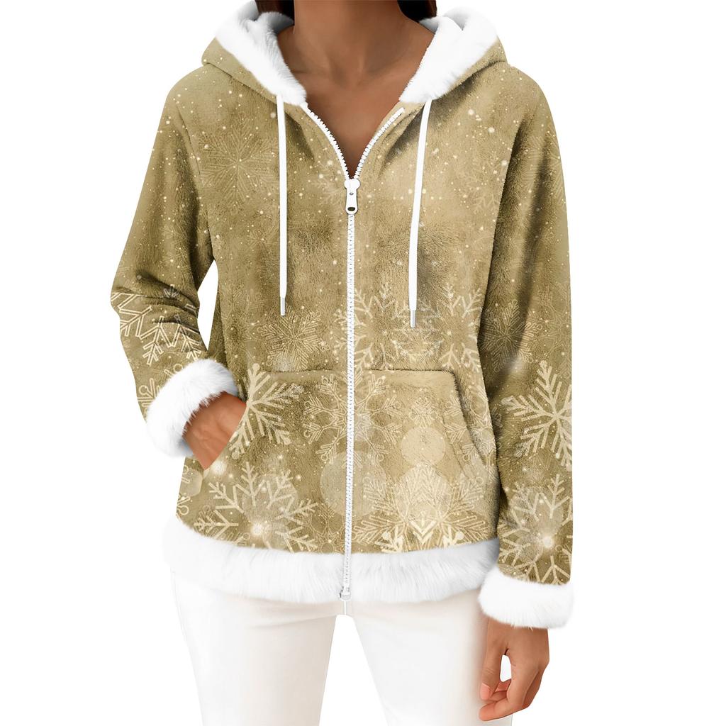 Damen Freizeitmode Langärmiger Fleece-Kapuzen-Cardigan mit Reißverschluss