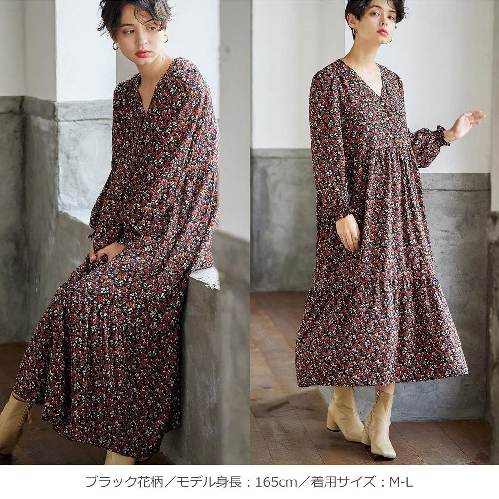 Maternity Volume Tiered Floral Long V Black Floral 10131202 [ANGELIEBE] Dress, Sleeves, Hem, Pattern, Dress, Prenatal, Postnatal, Lined, Sleeve, Neck,