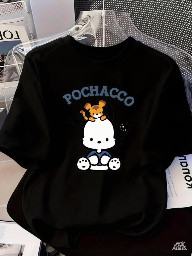 Sanrio Women T Shirt Multiple Sizes Screen Print Pochacco Theme Cotton Casual Wear Cute Style