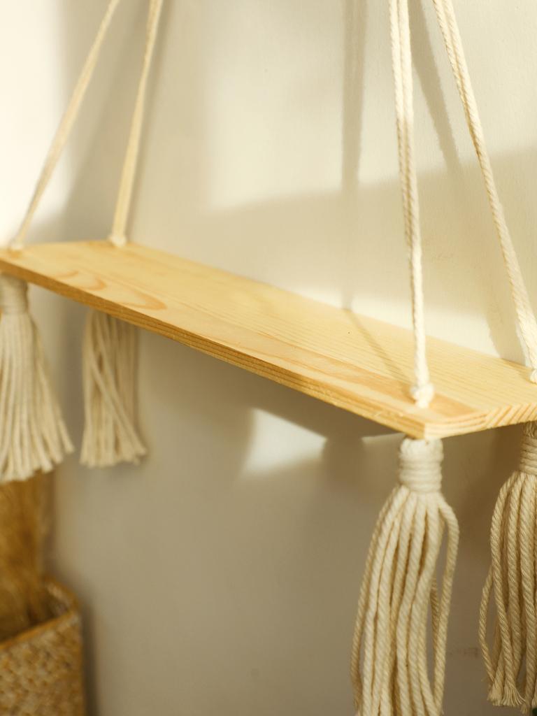 Wood Wall Shelf Macrame Floating Wall Shelf Hanging Shelves Plant Corner Holder Display Stand Room Decor Boho Home Decoration