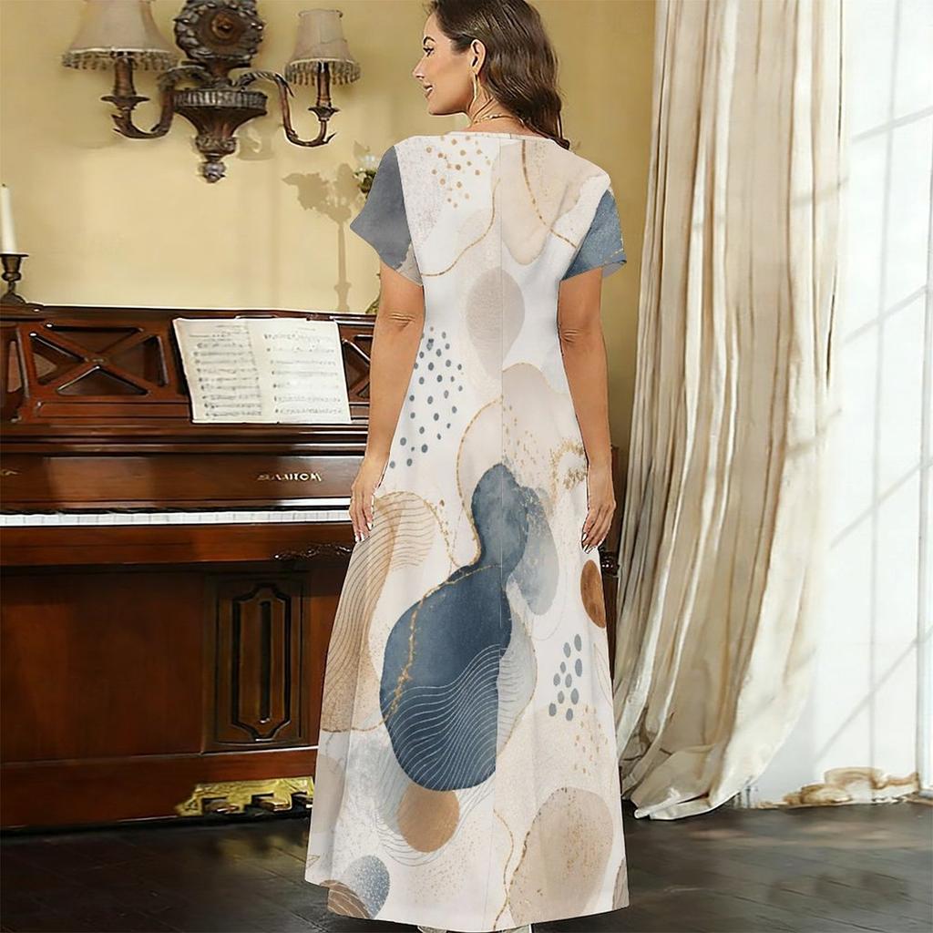 Women Plus Size V Neck Short Sleeve Abstract Printed Straight Maxi Dress
