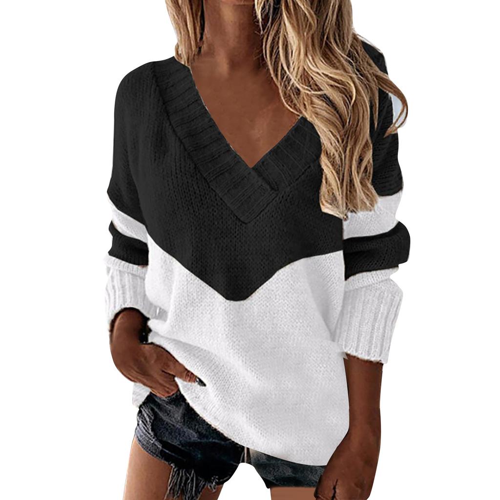Women's Fashion Casual Solid Patchwork Color V-Neck Long-sleeved Sweater Pullover Tops