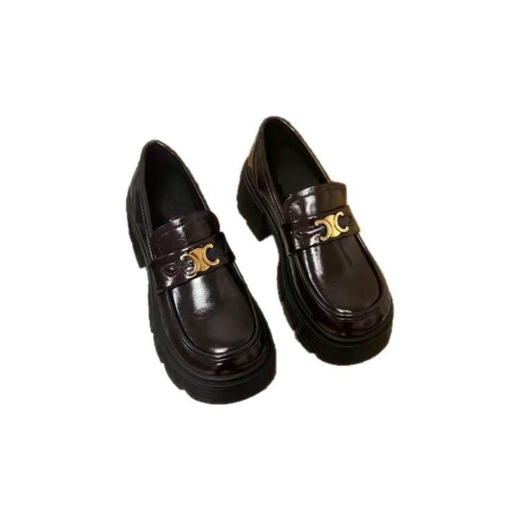 Autumn Platform British Style Loafers New Chinese Small Leather Shoes Women's Thick Heel Heightening Shoes Black One-pedal Single Shoes