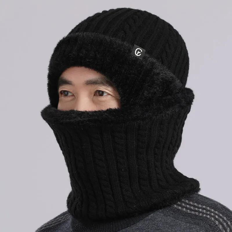 WTEMPO Men's Autumn Winter Windproof Cold-proof Warm Scarf + Hat Solid Color Plush Outdoor Cycling Knitted Hat Set