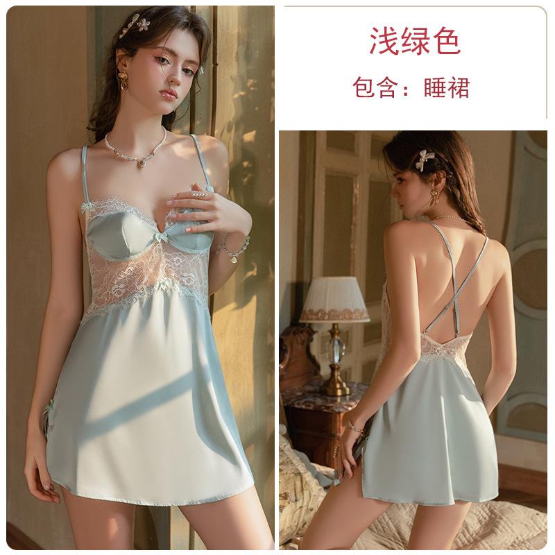 Women's Satin Lace Sheer Low Cut Push Up Padded Sleep Dress with Robe Lounge Set
