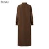 ZANZEA Damen Umlegekragen Langarm Casual Long Shirt Kleid