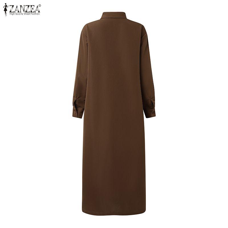 ZANZEA Damen Umlegekragen Langarm Casual Long Shirt Kleid