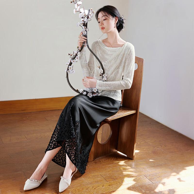 Elegant Embroidered New Chinese Style Black Satin Midi Skirt