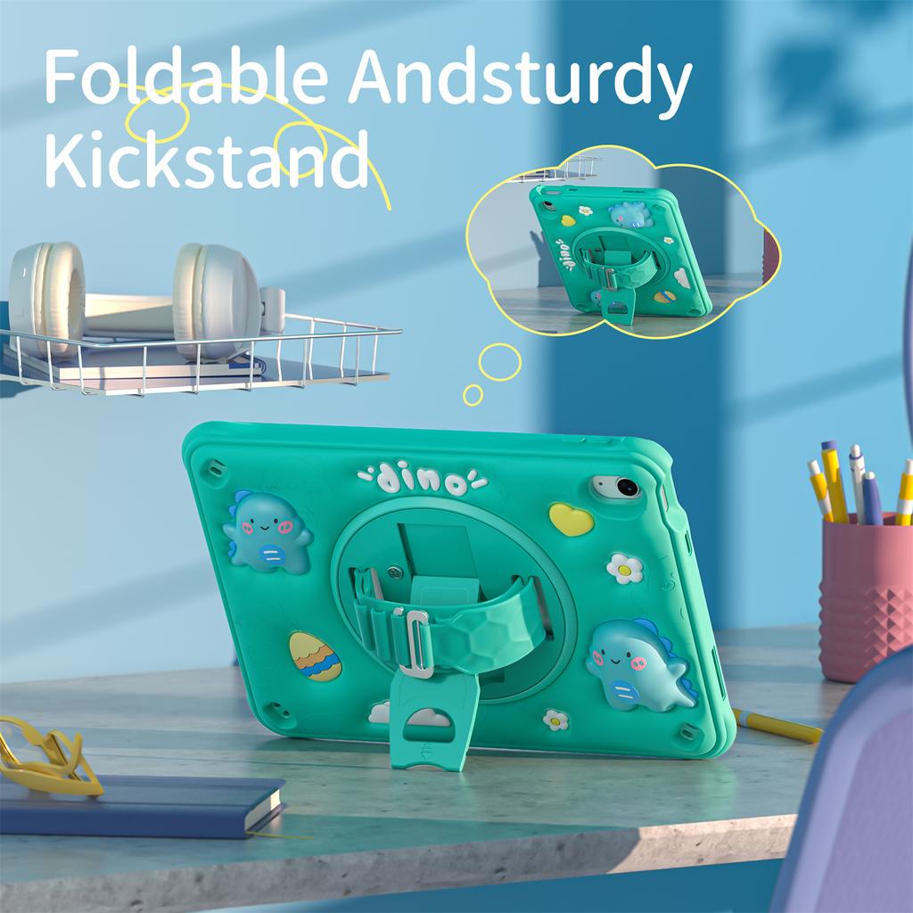 For iPad (2025)/10.9 (2022) Case Cartoon Dinosaur Hand Strap Kickstand PC+Silicone+TPU Cover