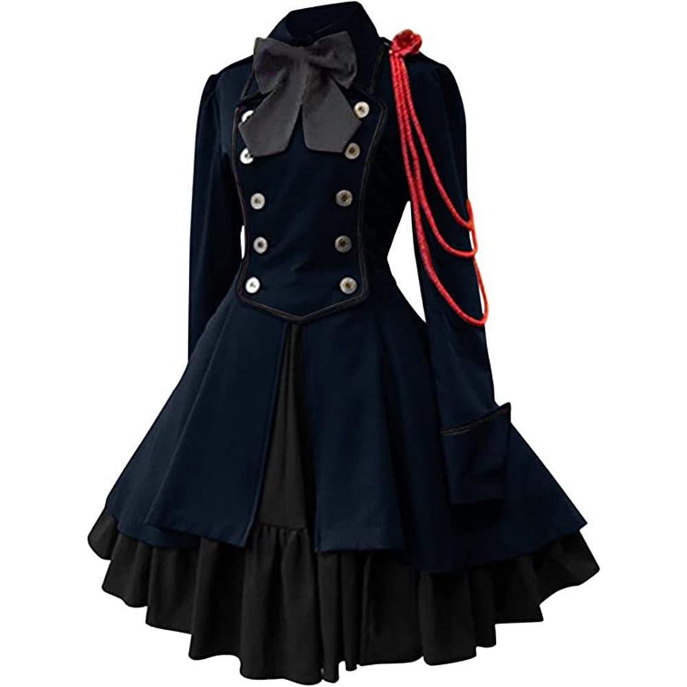 Medieval Renaissance Gothic Dress with Bow and Ruffle Skirt